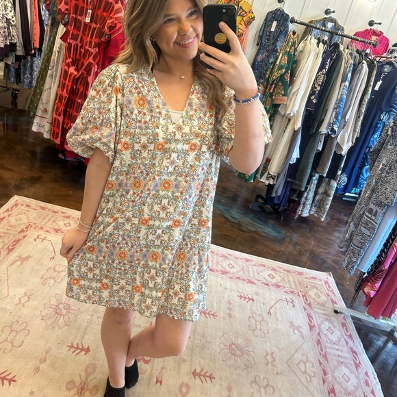 ANNA CATE- Haley dress Geo Peach lightweight y2K puff sleeve cotton New L $249 - Picture 2 of 3